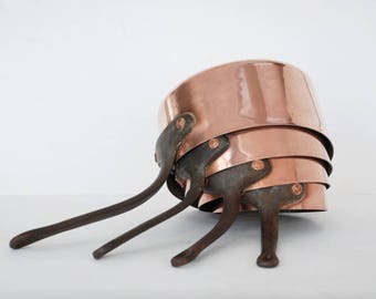 Vintage copper pans, Copper pots, French copper cookware, Kitchen wall decor.