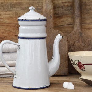 Small white enamel coffee pot : Vintage barware gift Farmhouse kitchen decor image 1