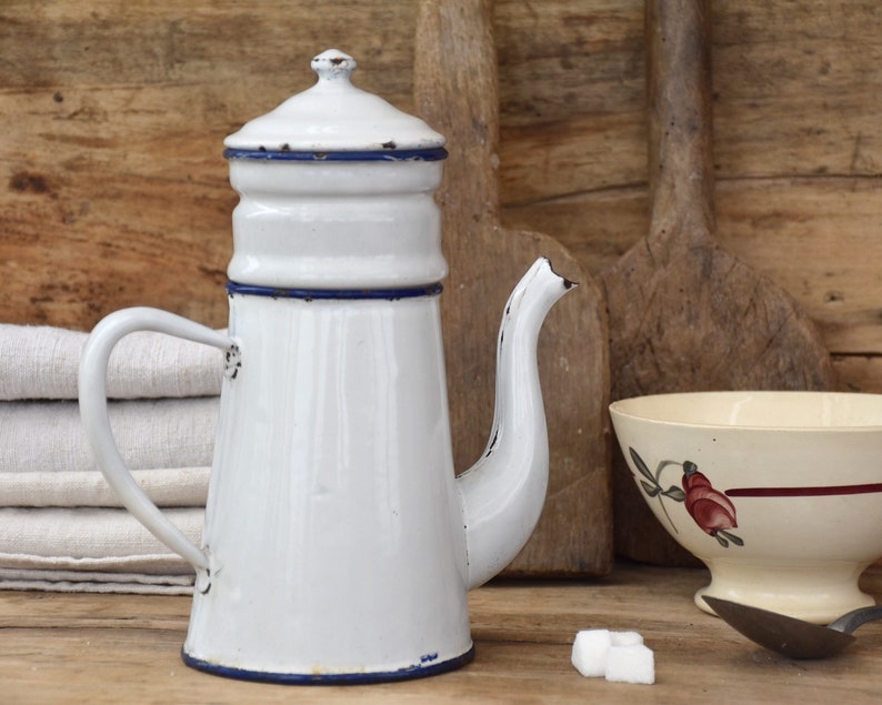 Small white enamel coffee pot : Vintage barware gift Farmhouse kitchen decor image 1