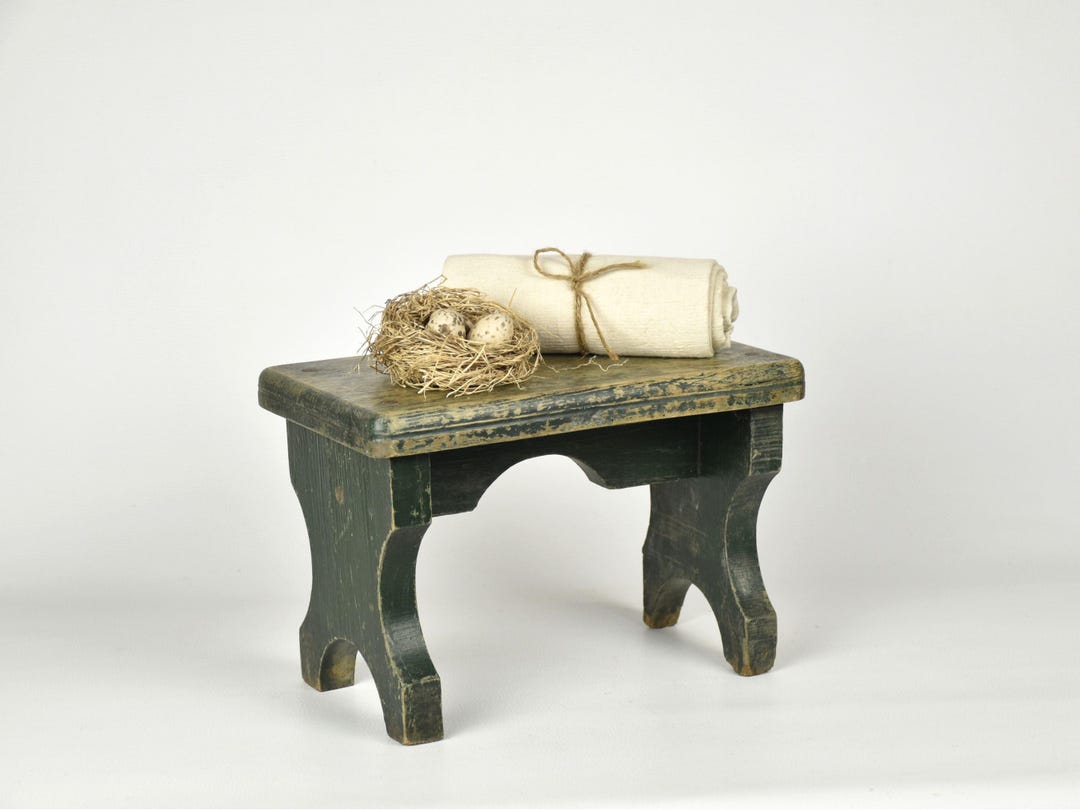 Vintage Dark Green Wooden Stool – Rustic French Farmhouse Plant Stand ...
