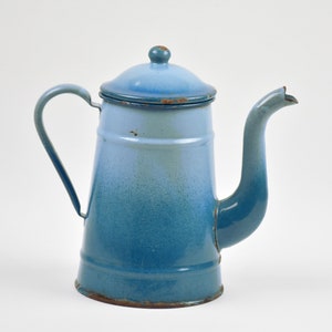 Vintage gradient blue enamel coffee pot, Turquoise boho decor image 4