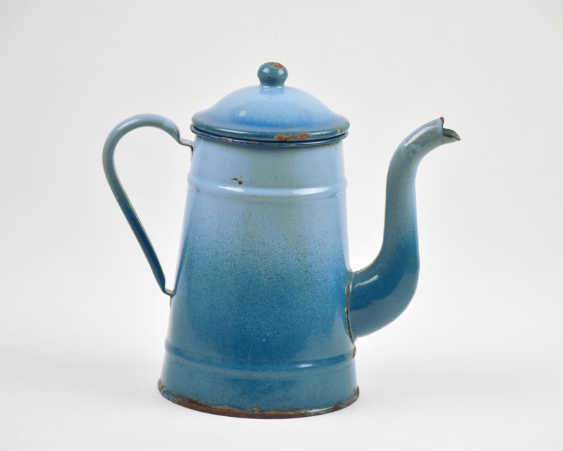 Vintage gradient blue enamel coffee pot, Turquoise boho decor image 4