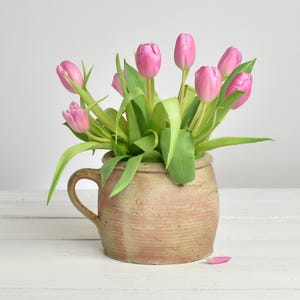 Peut inclure: Un pot en céramique beige avec une anse contient un bouquet de tulipes roses et de feuilles vertes. Le pot est posé sur une surface en bois blanc. Un pétale rose est posé à côté. Le pot mesure environ 15 cm de diamètre.