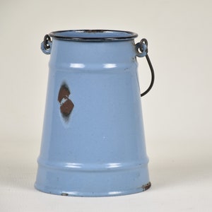 Blue enamelware milk can, Vase metal, Kitchen utensil holder, Farmhouse home decor vintage image 4