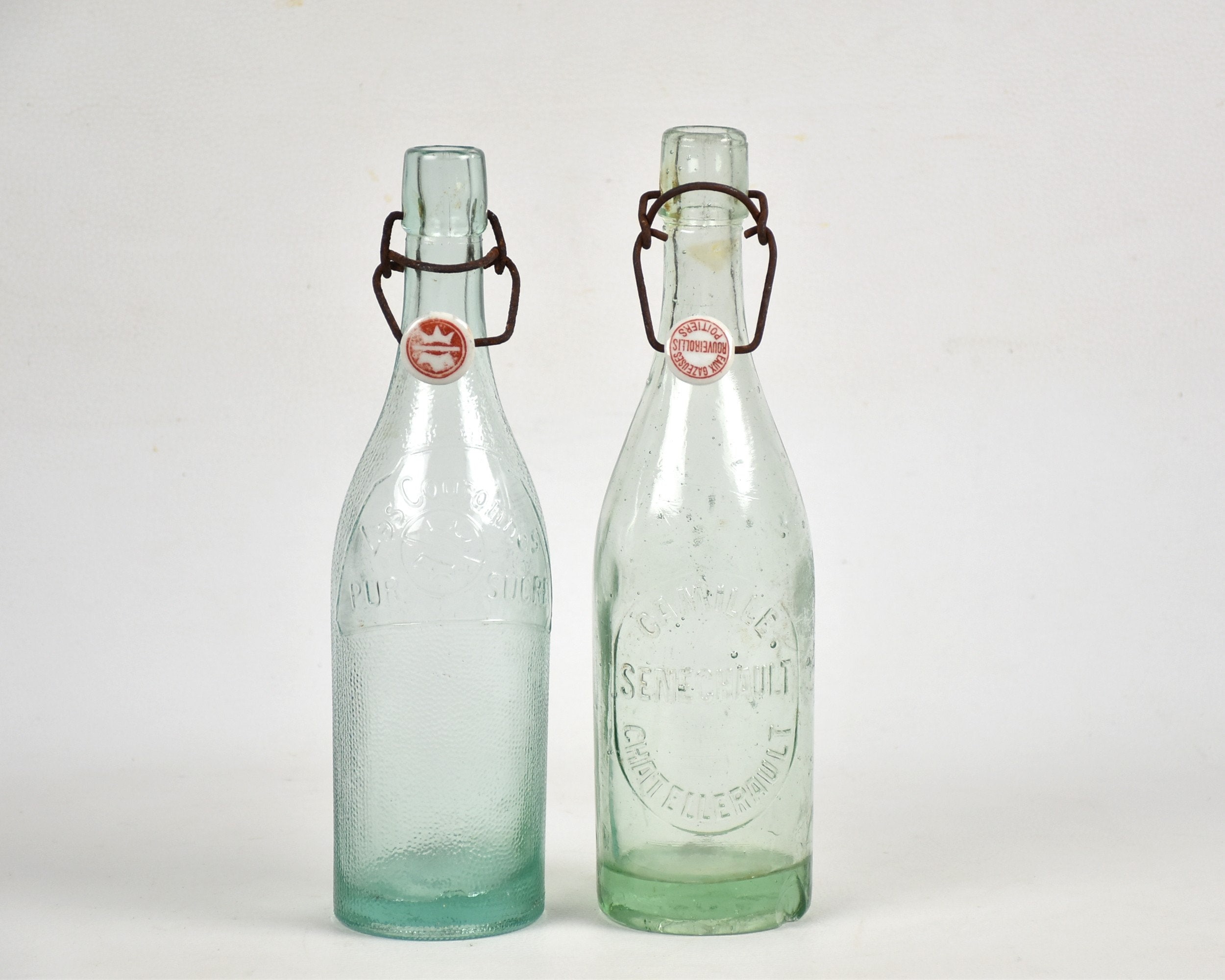 Vintage Glass Lemonade Bottles, French Porcelain Stopper Vases