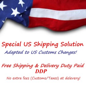 May include: Image features the American flag in the background with text overlay. The text reads "Special US Shipping Solution" and "Adapted to US Customs Changes!" Additional text states "Free Shipping & Delivery Duty Paid DDP" and "No extra fees (Customs/Taxes) at delevery!"