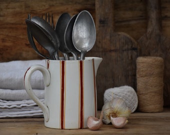 Small Ceramic Pitcher Vase Kitchen Utensil holder - White and red pot for French country decor