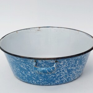 Vintage marbled blue enamel bowl, Kitchen and bathroom storage, Outdoor planter pot image 5