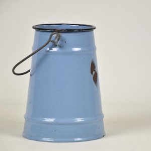 Blue enamelware milk can, Vase metal, Kitchen utensil holder, Farmhouse home decor vintage image 3