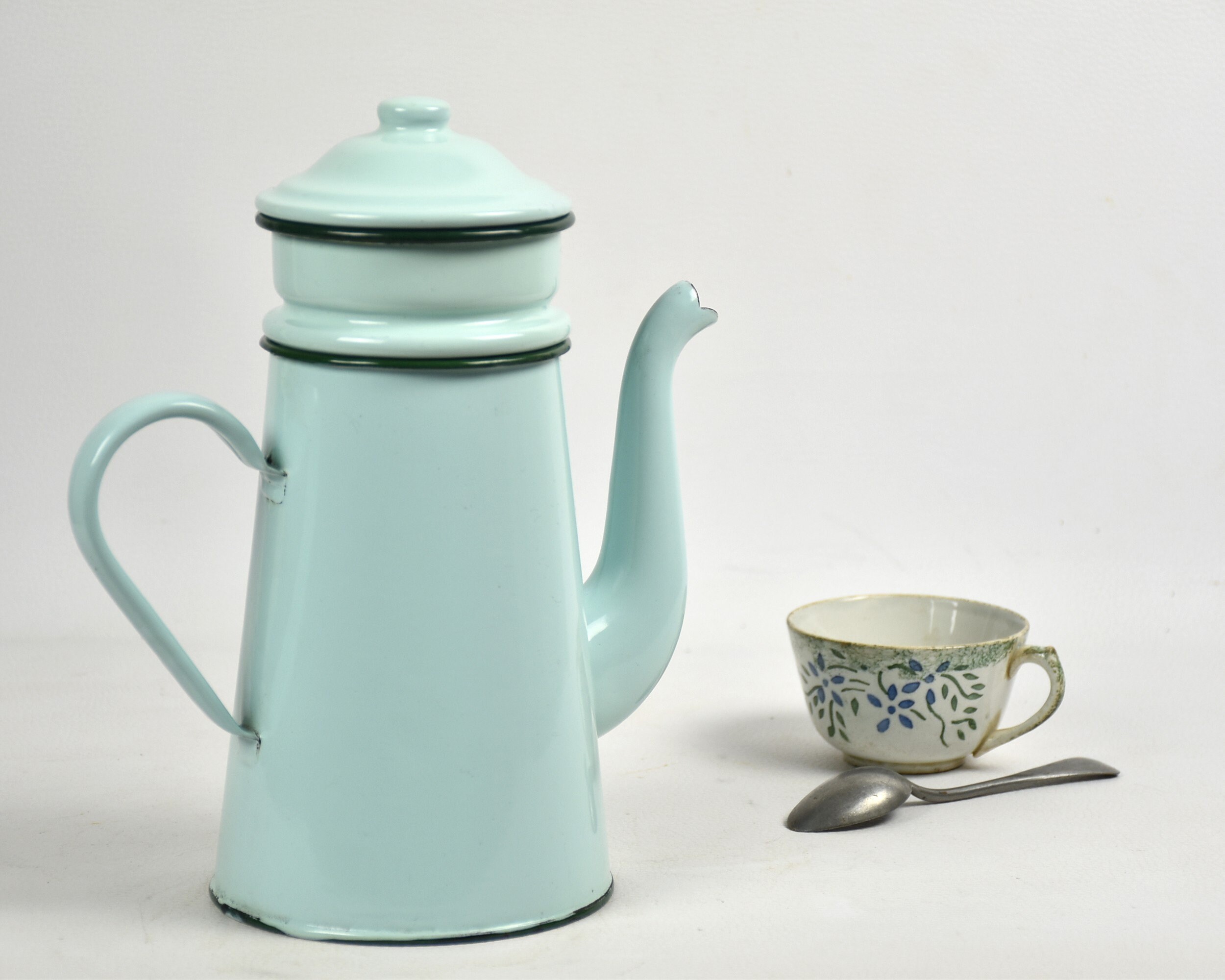 Ancienne Cafetière Émaillée Verte, Décoration Cuisine Milieu de Siècle