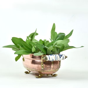 Vintage Copper Planter small with Delft Handles - Indoor Jardiniere Decor - Cottagecore Window Box