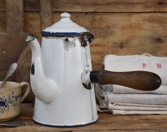 White enamel chocolate pot antique, Wooden handle, Right handed, Metal vase, Farmhouse kitchen shelf decor