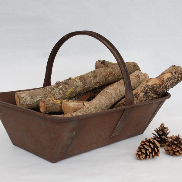 Fireplace metal basket,  French farmhouse antiques country style, Industrial decor, Winter decor, Mid century