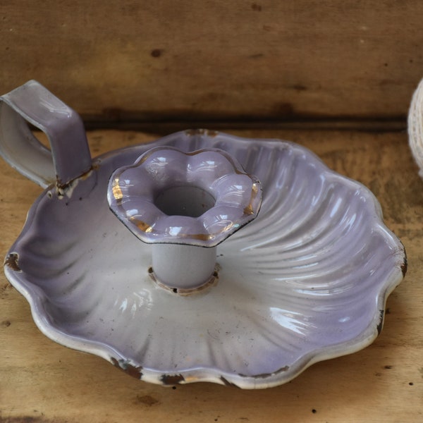 Ancien bougeoir en métal émaillé violet et blanc, Déco table de nuit, Idée cadeau