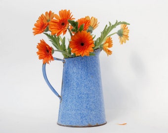 Jarrón de jarra de esmalte azul vintage, olla de metal de granito, cocina decoración de granja rústica