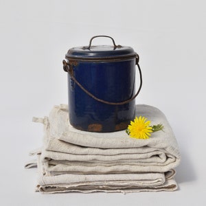 Vintage dark blue enamel pot with lid, French enamelware, Kitchen storage, Decor rustic
