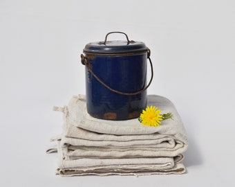 Vintage dark blue enamel pot with lid, French enamelware, Kitchen storage, Decor rustic