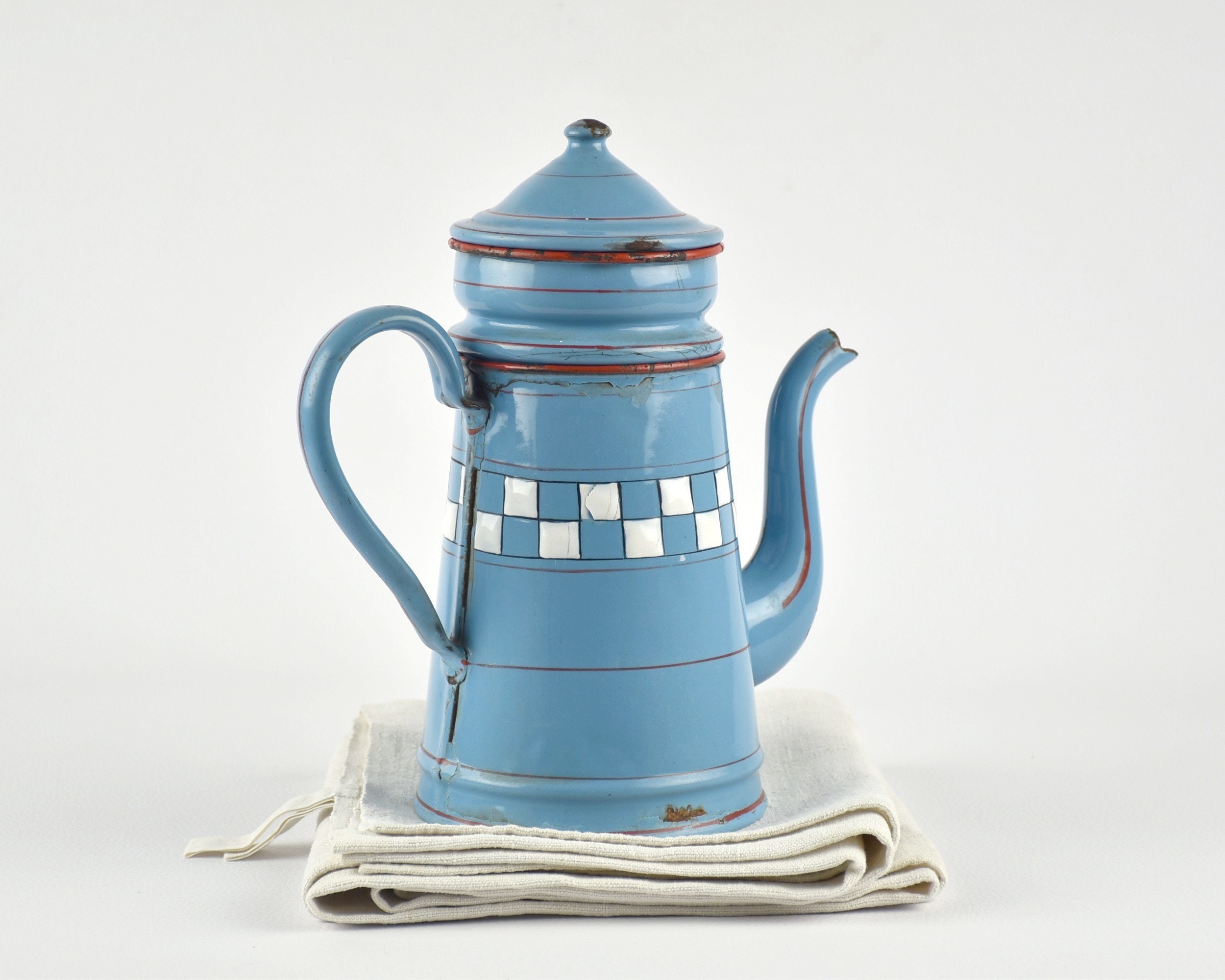 Ancienne Petite Cafetière Émaillée à Motif Carreaux Blanc et Bleu.