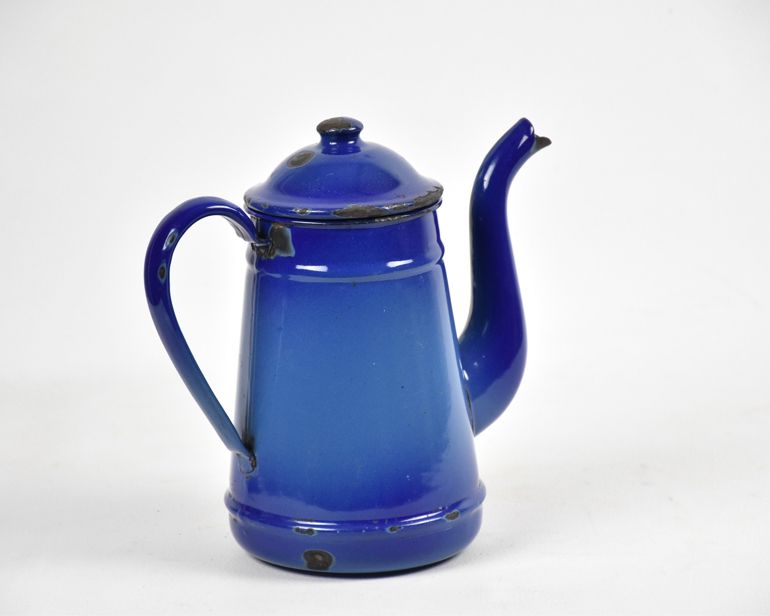 Ancienne Petite Cafetière Émaillée Bleu Dégradé, Déco Cuisine Rétro