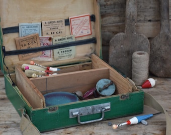 Vintage Wooden Fishing Tackle Box with Equipment - Antique Fisher Gift Vintage Wooden Fishing Tackle Box with Equipment - Antique Fisher Gift