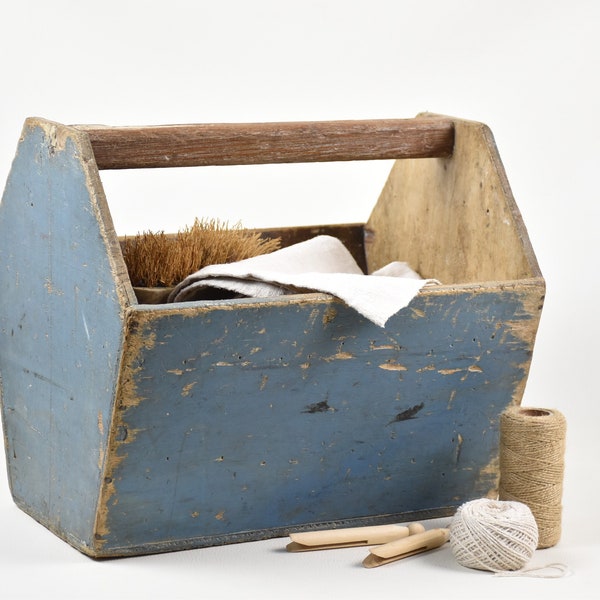 Ancienne caisse à outils ou panier en bois, Peint bleu, Décoration maison de campagne