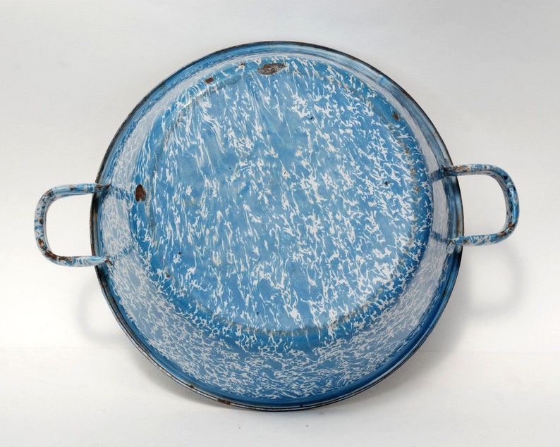 Vintage marbled blue enamel bowl, Kitchen and bathroom storage, Outdoor planter pot image 6
