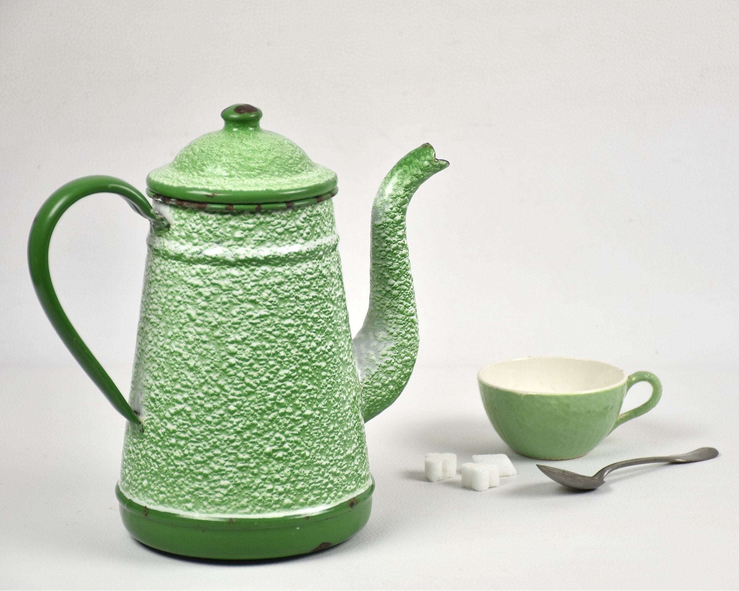 Ancienne Cafetière Émaillée Vert Granité, Décoration Cuisine Rustique