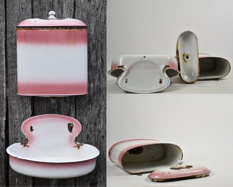 Vintage white and pink enamel wall fountain, Outdoor sink, Garden planter, Bathroom, kitchen and laundry decor image 6