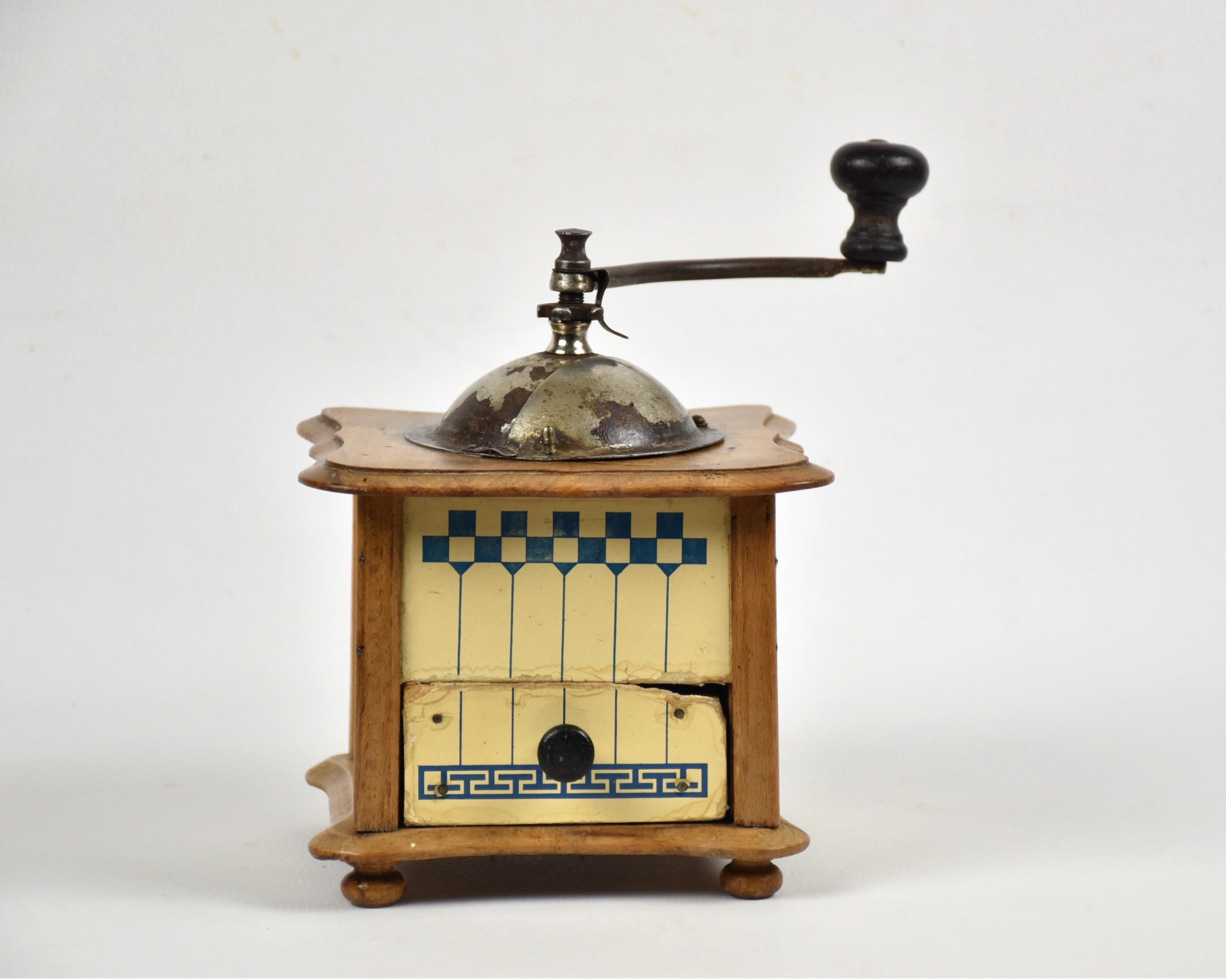 Ancien Moulin à Café Japy, Motifs Carreaux Bleus, Pour Collection et Décoration