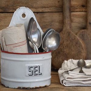 Vintage French enamel salt box vintage, Kitchen wall storage