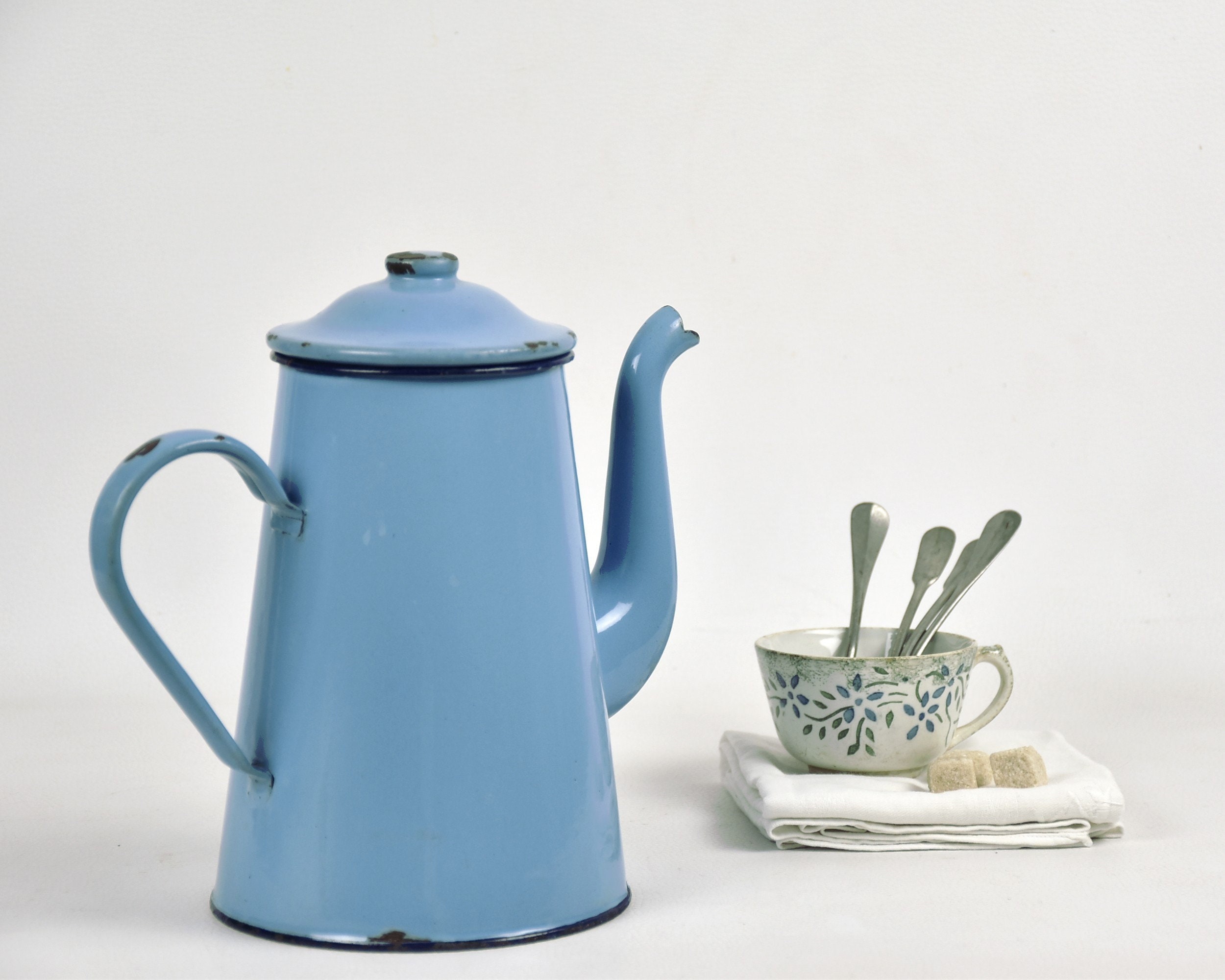 Ancienne Cafetière Émaillée Blue, Déco Cuisine Rustique