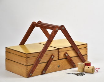 Acordeón de caja de costura de madera vintage - Cesta decorativa de almacenamiento - Regalo del día de la madre