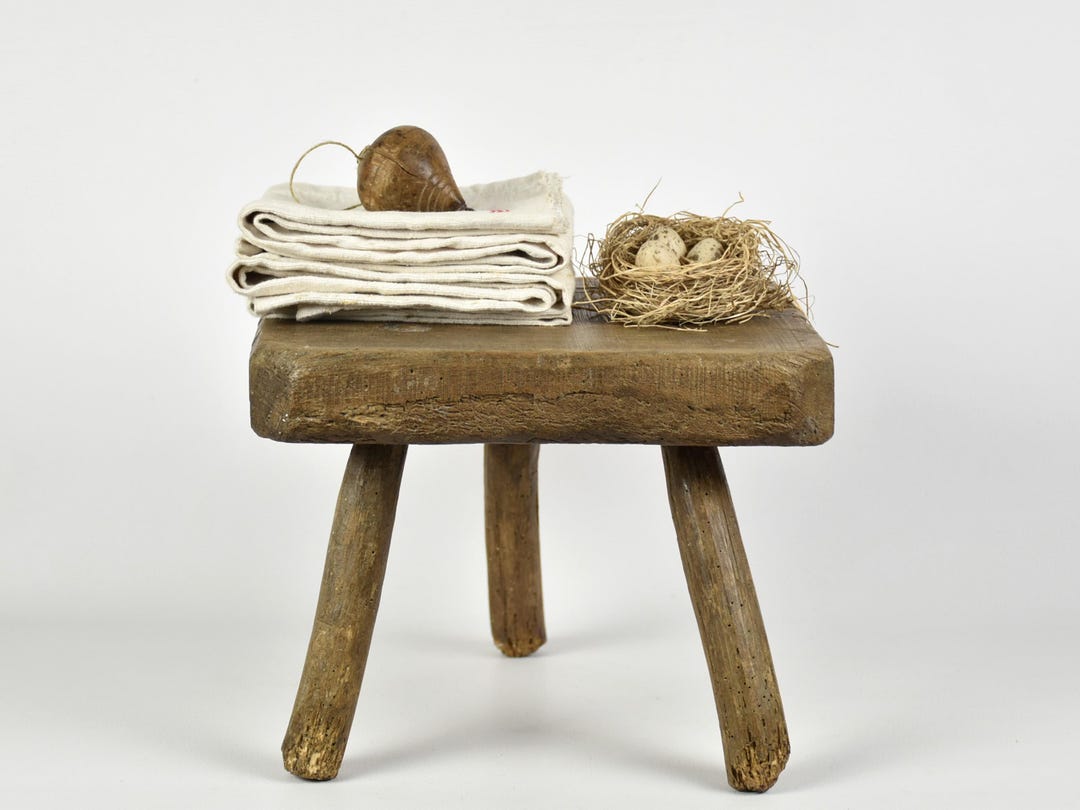 Primitive Wooden Milking Stool : Small Three Legged Bench - Side Table ...