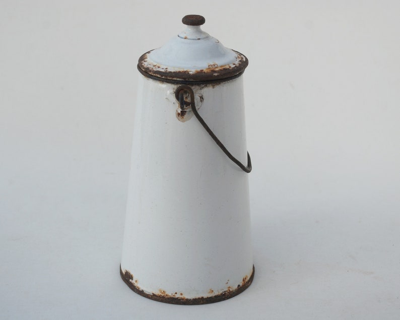 Vintage white enamel milk can, Farmhouse home decor image 5