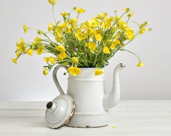 May include: A white enamel teapot with a curved handle and spout, holding a bouquet of bright yellow flowers. The lid is off, revealing the interior. The teapot sits on a white wooden surface, creating a rustic, vintage aesthetic.