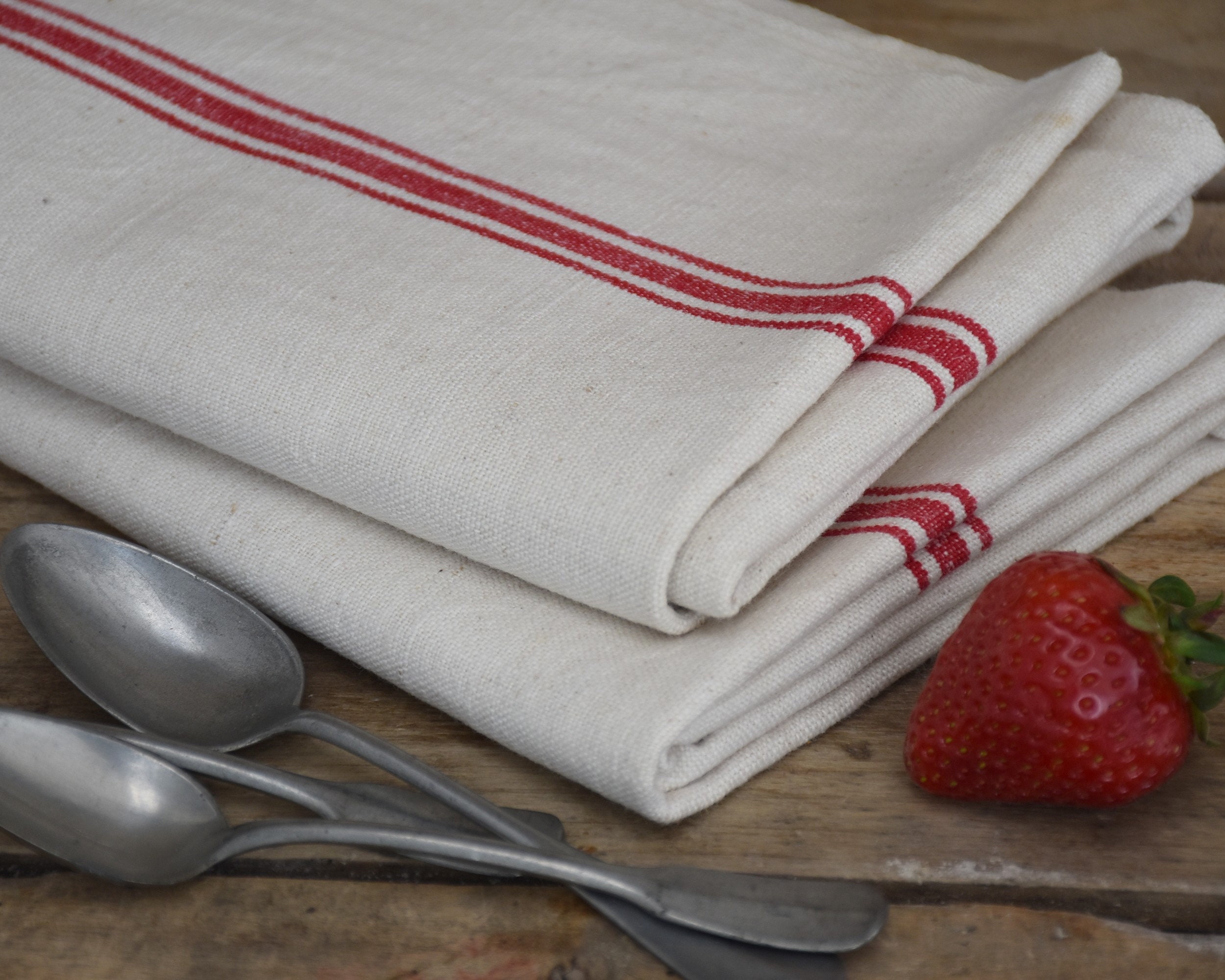 Ancien Torchons de Cuisine en Métis Rayés Rouge.