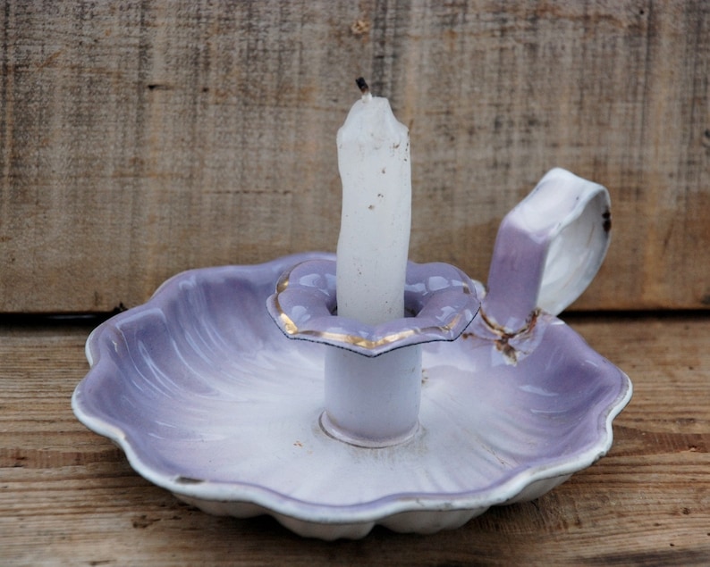 Parma mauve chamberstick Violet enamel candle holder Bedroom decor.