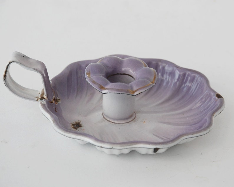 Parma mauve chamberstick Violet enamel candle holder Bedroom decor.