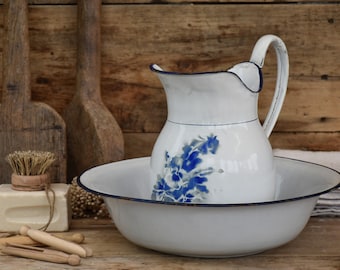Juego de jarra y cuenco vintage de esmalte - Decoración rústica francesa con flores azules