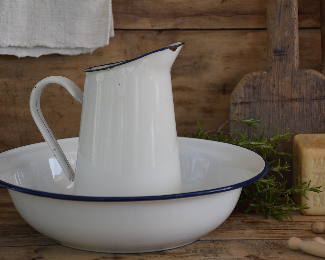 White Enamel Pitcher and Basin Farmhouse Bathroom Set Rustic Etsy