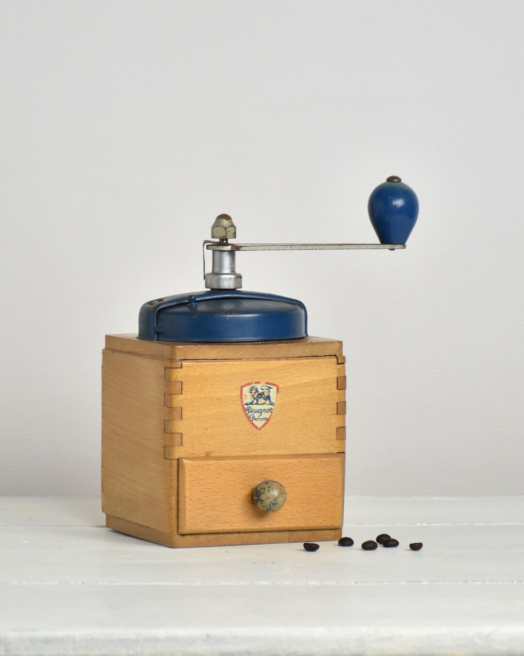 Antique French PEUGEOT Coffee Grinder Blue - Wood Kitchen Decor