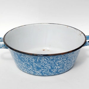 Vintage marbled blue enamel bowl, Kitchen and bathroom storage, Outdoor planter pot image 2