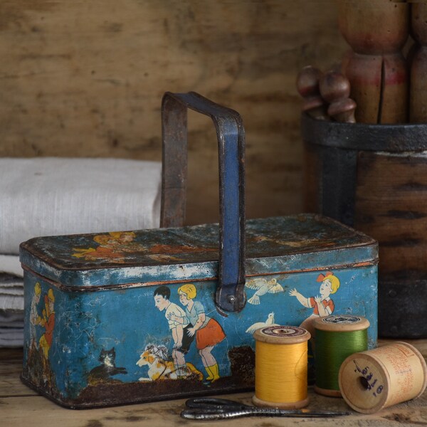 Vintage sewing box : Rectangular blue tin basket, Children bedroom decorative storage