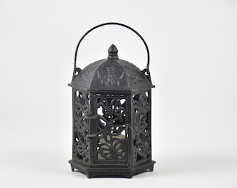 Small hanging candle lantern - Cast iron outdoor lighting with Butterfly decor vintage