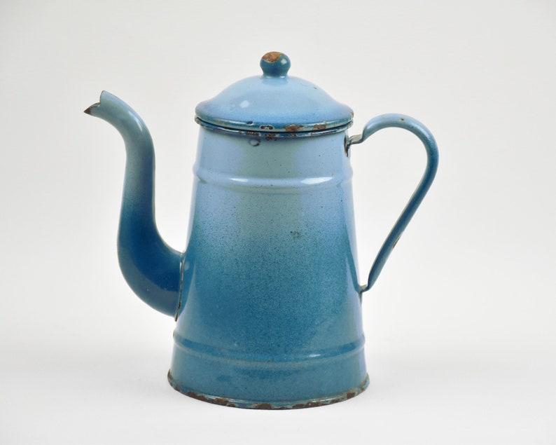 Vintage gradient blue enamel coffee pot, Turquoise boho decor image 2