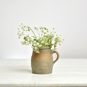 Vintage small Stoneware Jar - Antique French Pottery Vase - Rustic Farmhouse Kitchen - Garden Planter