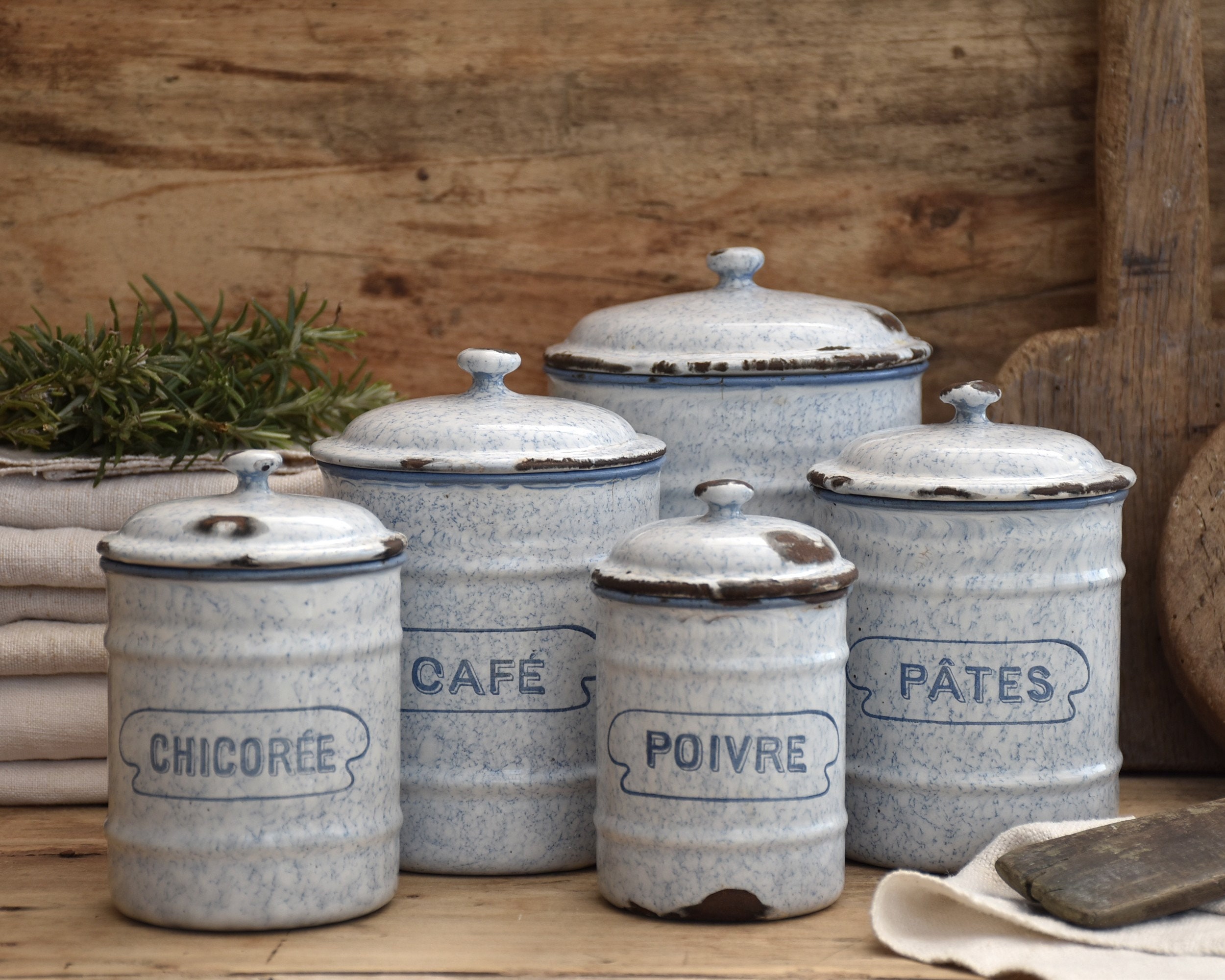 Série de 5 Anciens Pots à Épices Émaillés Bleus, Cuisine Vintage