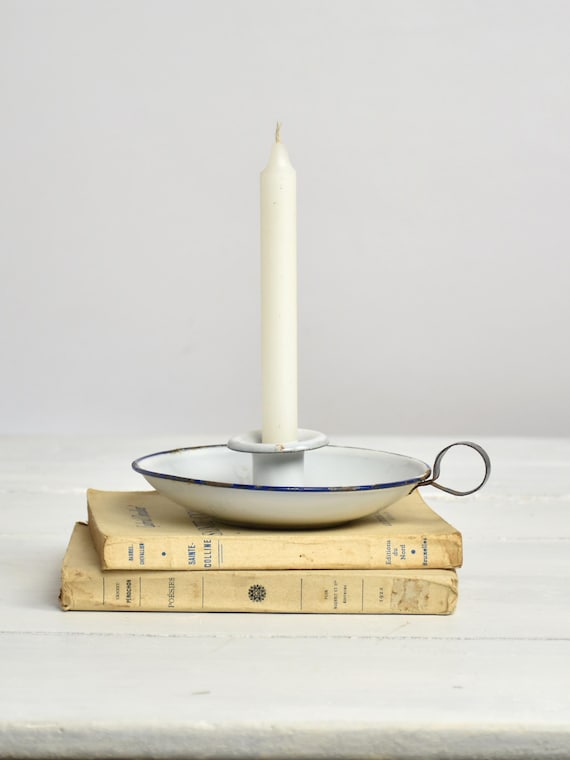 Antique White Enamel Chamberstick 1920s Deep Plate French Country 