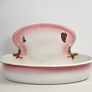 Vintage white and pink enamel wall fountain, Outdoor sink, Garden planter, Bathroom, kitchen and laundry decor image 2
