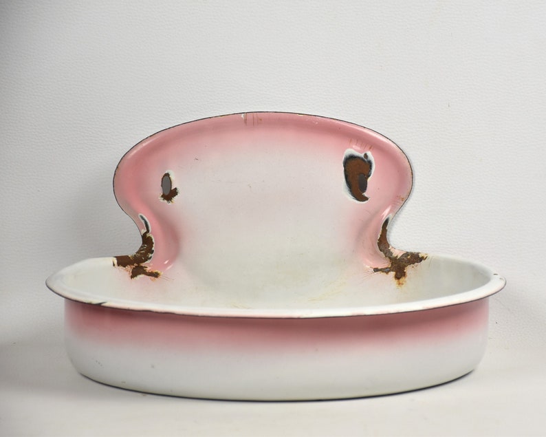 Vintage white and pink enamel wall fountain, Outdoor sink, Garden planter, Bathroom, kitchen and laundry decor image 2